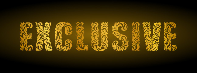 EXCLUSIVE. Golden Decorative Font made of swirls and floral elements on dark background. Suitable for banner or poster