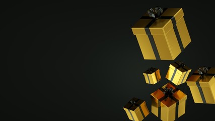 Black gift boxes with gold ribbon on black background. 3D rendering.