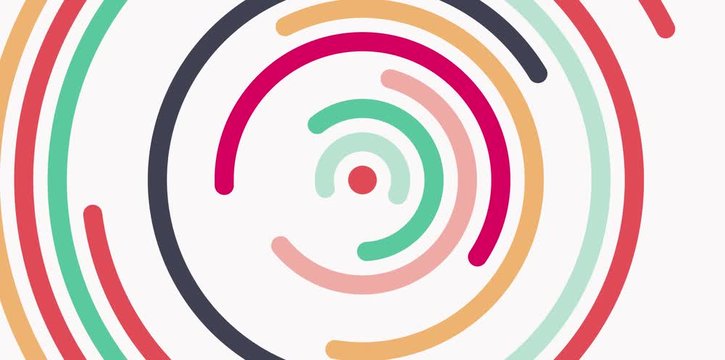 Animation footage of moving turning stripes around circle in center and loading colorful circles on white background on full screen. Preloader sign.