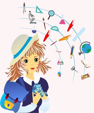 composition with a student surrounded by school accessories