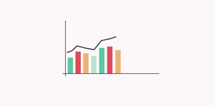 Raising colorful bars of graph animation with the black annotating rrow on white background. Grow chart business concept. Chart animation for presentation.