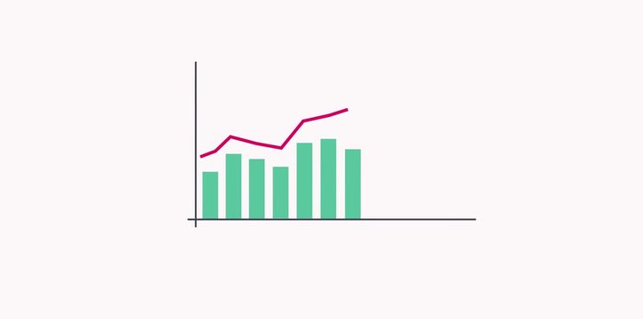 Raising green bars of graph animation with the red annotating arrow on white background. Grow chart business concept. Chart animation for business presentation.