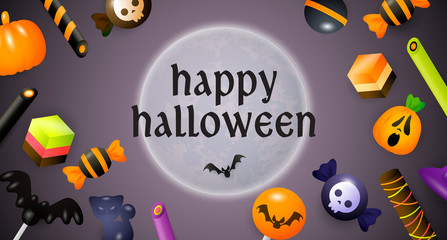 Happy Halloween lettering, moon, sweets and candies. Invitation or advertising design. Typed text, calligraphy. For leaflets, brochures, invitations, posters or banners.