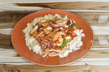 Rice topped with stir-fried Shrimp and basil a popular menu in Thailand