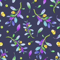 Fototapeta na wymiar Seamless watercolor hand painted cowberry pattern with realistic berries and nature elements. Lingonberry on dark background. Perfect for prints, fabric design, wrapping and digital paper.