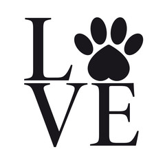 Vector black sticker logo love with animal footprint. Isolated on white background