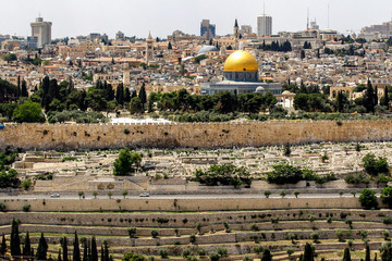 View to Jerusalem old city from the Mount of Olives, Israel. April 2013