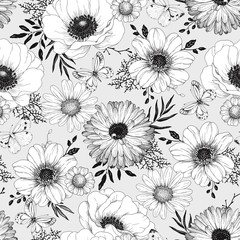 Seamless hand drawn floral pattern with flowers, leaves and butterflies. Vector illustration on light gray background in vintage style.