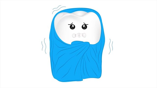 Cartoon sensitive tooth character with blanket. Little tooth shaking from cold.  Dental care concept. Animation design