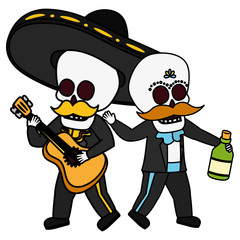 skeletons musician with guitar and tequila viva mexico