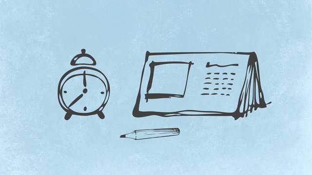 Desk calendar, clock and marker. Time management concept.
