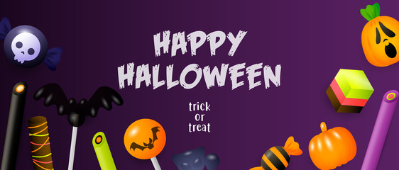 Happy Halloween, Trick or Treat lettering with sweets. Invitation or advertising design. Typed text, calligraphy. For leaflets, brochures, invitations, posters or banners.
