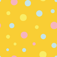 yellow vector repeat pattern with blue, yellow and pink polka dots. Pastel colors. Perfect for paper and textile projects. Surface pattern design.