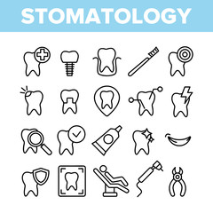 Stomatology And Dentistry Vector Linear Icons Set. Stomatology, Teeth Treatment And Oral Hygiene Outline Symbols Pack. Dentist Tools. Dental Implant, Tooth Cavity Isolated Contour Illustrations
