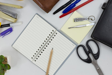 Set of office supplies for work with white background