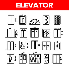 Passenger Elevator, Lift Vector Linear Icons Set. Condominium Indoor Elevator Door Outline Symbols Pack. Apartment Building Lift With Up And Down Buttons Isolated Contour Illustrations © vectorwin