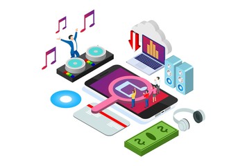Modern Isometric Cloud Online Music Player Entertainment Illustration in White Isolated Background With People and Digital Related Asset