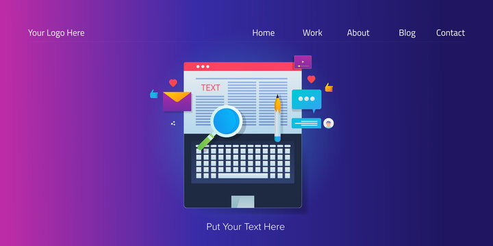 Website content writing, blog post writing, blogging, publising and digital marketing concept, web banner with icons and text.