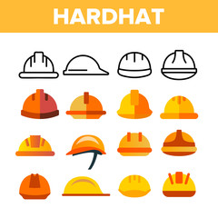 Fototapeta premium Protective Hard Hat Vector Color Icons Set. Orange Hardhat Equipment Linear Symbols Pack. Builder, Construction Worker, Engineer Yellow Plastic Safety Helmet Isolated Flat Illustrations
