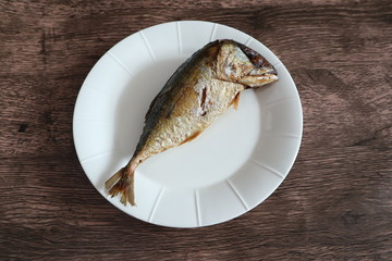 Fried Mackerel on White Dish 