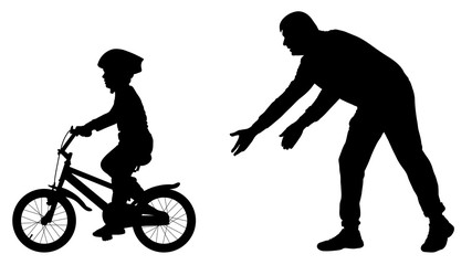 Father teaches baby to ride bicycle silhouette. First bike ride vector. Teaching a child to ride bike without stabilisers
