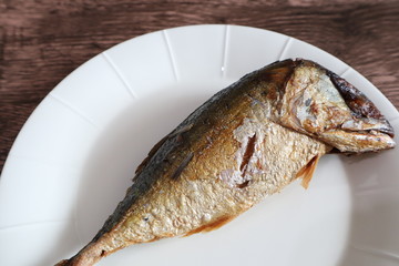 Fried Mackerel on White Dish 