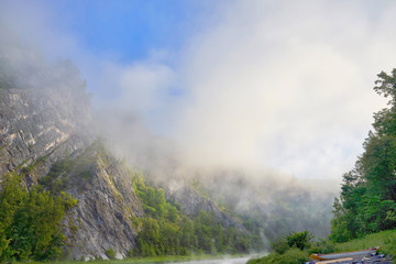 Morning fog on a mountain river