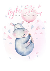 Hand drawn cute isolated tropical summer watercolor hippo animals. hippopotamus baby and mother cartoon animal illustrations, jungle tree, brazil trendy design. Aloha collection.