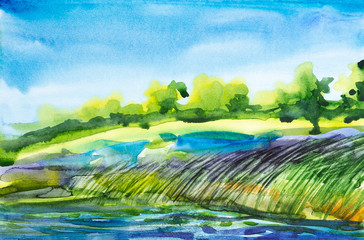 Obraz na płótnie Canvas Watercolor illustration of a beautiful summer forest landscape by the lake
