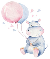 Hand drawn cute isolated tropical summer watercolor hippo animals. hippopotamus baby and mother cartoon animal illustrations, jungle tree, brazil trendy design. Aloha collection.