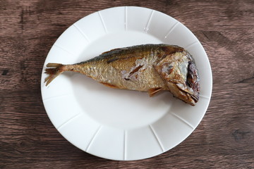 Fried Mackerel on White Dish 