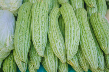 Close-up of green raw bitter gourd at the market, food vegetable green market background agriculture eat, Gourd, fresh vegetables on the market, cucumbers on display at the market.