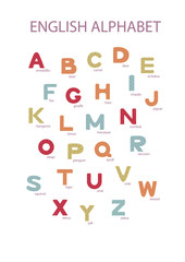 Hand drawn multicolored english alphabet on the white background. Kid style drawing font and signs ABC.