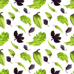 Watercolor seamless pattern with salad,basil,sweet pepper.Hand drawn fresh food design elements isolated on a white background.