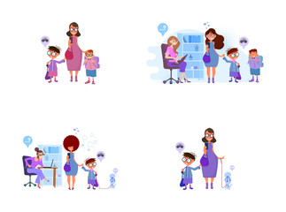 MomMother writes children to school, the principal accepts boys, flat design.