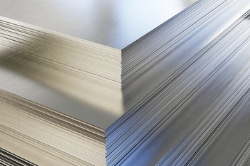 Fototapeta Steel or aluminum sheets in warehouse, rolled metal product. obraz