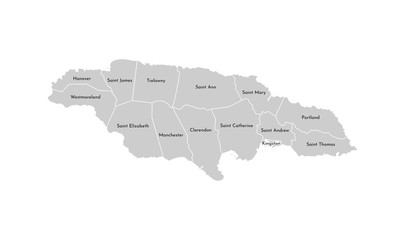 Vector isolated illustration of simplified administrative map of Jamaica. Borders and names of the parishes (regions). Grey silhouettes. White outline
