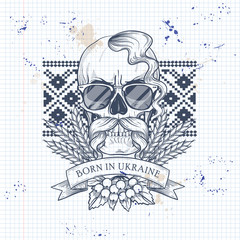 Notebook page sketch design, skull with Ukrainian embroidery pattern, mustaches, spikes of wheat, branch of viburnum, sunglasses