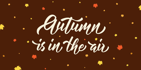 Obraz na płótnie Canvas Autumn is in the air - hand lettering inscription on dark background with simple autumn leaves. Vector illustration.