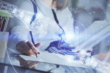 Multi exposure of woman's writing hand on background with data technology hud. Big data concept.