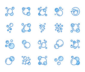Bubbles flat line icons set. Soap foam, fizzy drink, oxygen bubble pictogram, effervescent effect vector illustrations, outline signs. Pixel perfect 64x64. Editable Strokes - obrazy, fototapety, plakaty