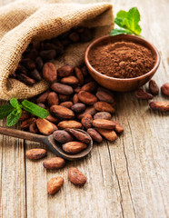 Raw cacao beans and cocoa powder