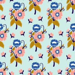 Blue, pink and gold vintage flowers, in a seamless pattern design
