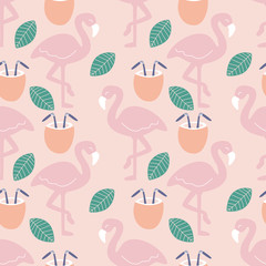 Flamingos and coconut drinks in a seamless pattern design