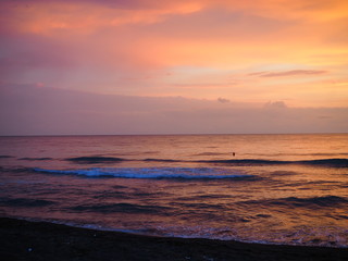 picturesque Pink sunset on lake beach sea sand beautiful colors in the sky clouds