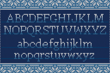 Christmas Knitted Font. Nordic Fair Isle Sweater Pattern Design. Knit Latin Alphabet on Seamless Background
