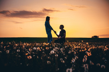 Silhouettes of a man making marriage proposal to his girlfriend on the spring meadow at sunset. Landscape with silhouette of lovers against colorful sky. Couple. People, relationship. - obrazy, fototapety, plakaty