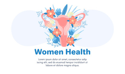 Web template with female reproductive system in flowers. Landing page. Woman health. Advertising for women's pads, lactobacillus, department of obstetrics and gynecology. Medical banner. Vector, eps10