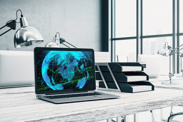 Cabinet desktop interior with financial charts and world map on computer screen. Concept of international market analysis and trading. 3d rendering.