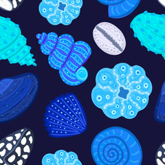 Vector seamless pattern with colorful shells. Ornament with seashells. Wrapping paper, package, wallpaper, clothing and other textile in a pet store or aquapark, print on shower curtain, beach mat